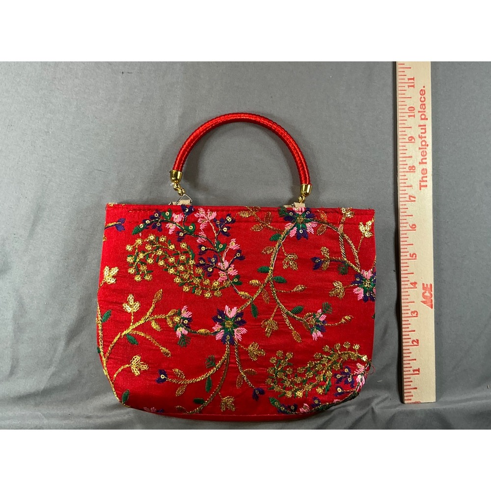 Red Satin Embroidered Floral Evening Handbag Gold Sequin Top Handle Bag
